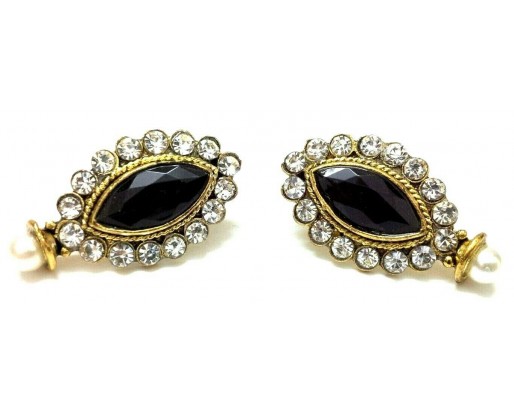 Gold Oxidized Women Earring Stud Jewelry PushBack Classy Gift - Rhinestone Bead 22